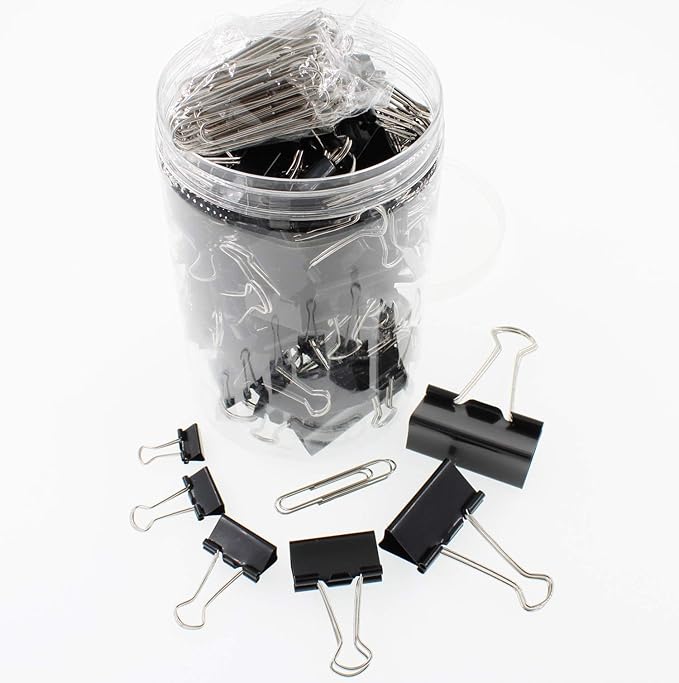 Assorted Sizes Binder Clips，Paper Clamps,Black Metal Fold Back Clips for Office School Supplies,Large, Medium,Small Size Metal Clips,Big Size Paper Holder,Elastic Rubber Band (190 PCS Black)