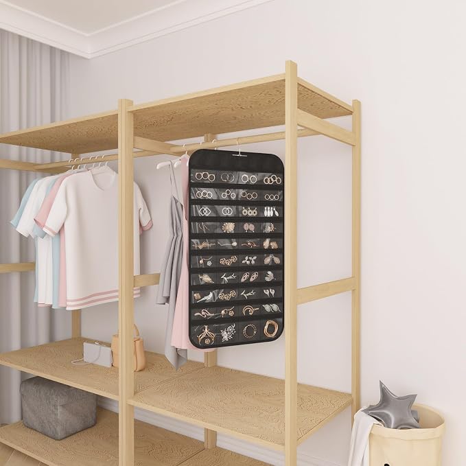 Hanging Jewelry Organizer 80-Pocket Double-Sided Storage, 1-Pack, Black | Foldable clear PVC 80-pocket storage; swivel hook fits walls, doors & rods to organize earrings, necklaces, bracelets & rings