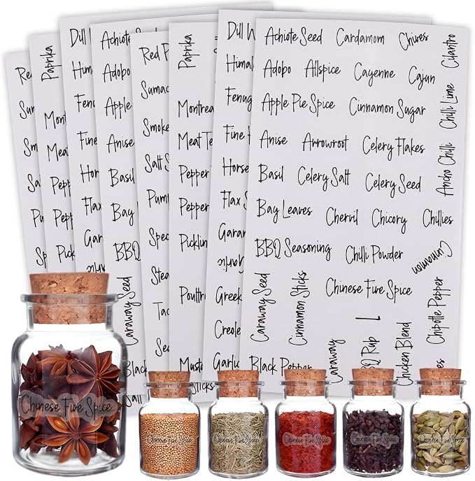 2196Pcs Seasoning Stickers Labels White Spice Name Labels Preprinted Black Cursive Font Words PVC Adhesive Waterproof Tags Decals for Kitchen Food Box Bottles Seasoning Containers