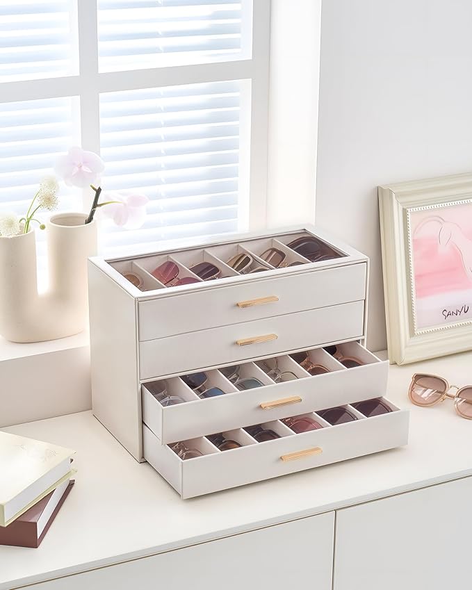Lolalet Sunglasses Storage Box for Women, Eyewear Eye Glass Organizer with Clear Top Display Holder Case