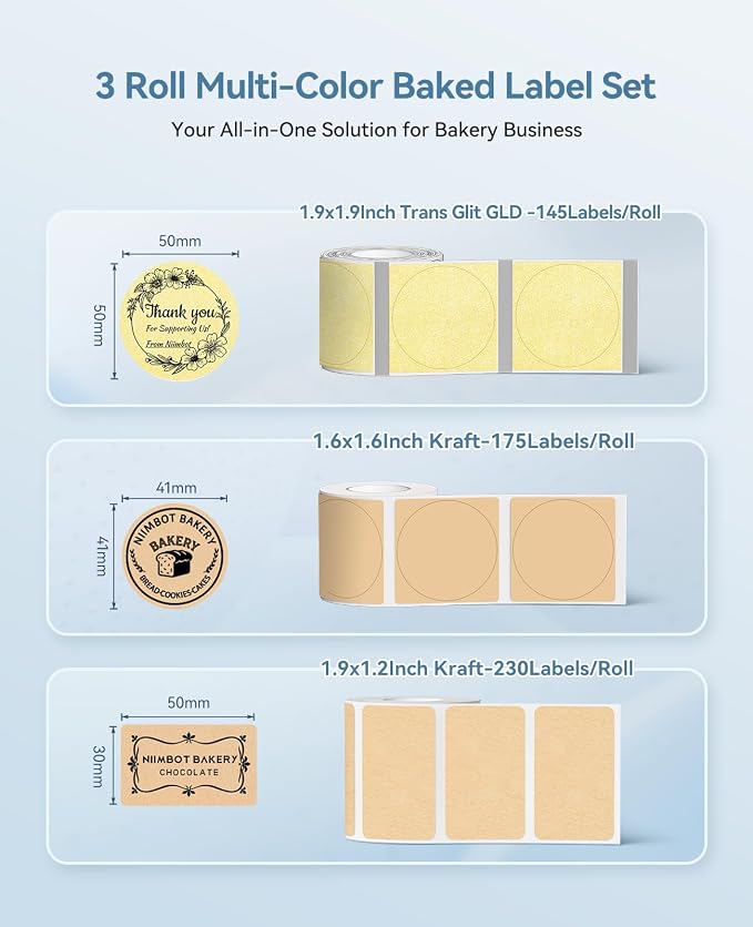 NIIMBOT 3 Roll Set Labels, 50x50mm Gold Clear/ 41x41mm Kraft/ 50x30mm Kraft | Compatible with B1/B2/B21, for Bakery Small Business, Thank You Sticker, for Home Kitchen Pantry Oragnization
