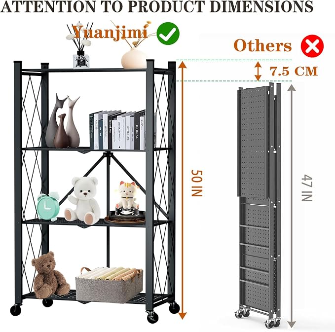 4 Tier Foldable Storage Shelf with Wheels, Heavy Duty Folding Shelf Loads 600 LBS, Metal Steel Collapsible Shelves, Rolling Standing Utility Rack for Kitchen, Pantry, Office, Black
