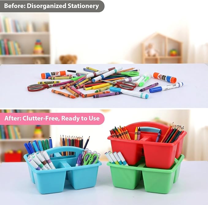 6 Pack Assorted Colors Classrooms Caddy 4 Compartment Classroom Caddy Compartment Caddies Set Table Caddies Classrooms with Handle for Classroom Organization Table Desk Office Supplies(Rainbow)