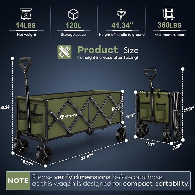Hikemoon 34'' Extra Long Collapsible Wagons Carts Foldable, 360LBS Heavy Duty Folding Beach Wagon with Wheels, Portable Utility Outdoor Cart for Grocery, Garden, Sports, Camping, Green