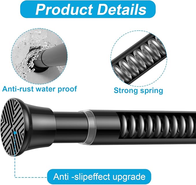 Tension Rod 24-48Inch Black Curtain Rods for Windows Spring Adjustable Curtain Rod no Drilling Tension Curtain Rods for Window,Doorway,Closets