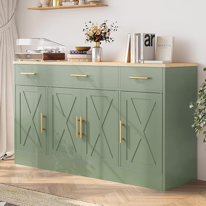 Shintenchi Buffet Cabinet with Storage,53.4" Large Kitchen Storage Cabinet with 3 Drawers and 4 Doors,Wood Farmhouse Buffet Sideboard with Adjustable Shelf for Kitchen Living Room, Green