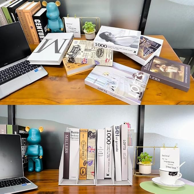 Mesh Magazine File Holder, 2 Pack Set, Desk Organizer | Sturdy metal mesh file holder. 2 compartments for magazines, documents. Desktop storage for office & home. White.