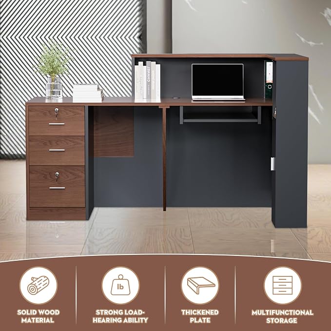 L-Shaped Large Wooden Reception Desk, Modern Front Desk Reception Counter with Lockable Drawers, Storage & Keyboard Tray for Office Lobby Checkout (Right-Brown + Black, 71''L x 34''W x 41''H)