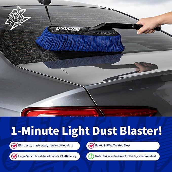 Flash Dog Car Duster Exterior - 25" Wood Handle Wax Cotton Hair Scratch Free Cleaning for Cars/SUV/Truck/RV Roofs & Windshields | Waterless Dust & Pollen Remover