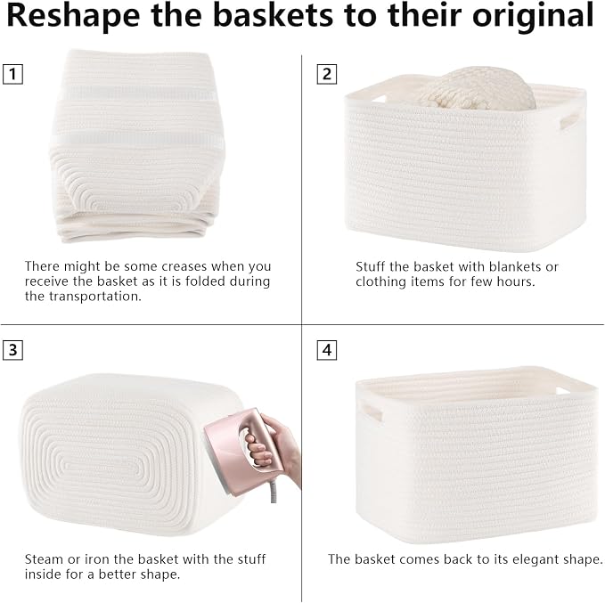 4 Pack Storage Baskets for Organizing Toys, Towels, and Clothes, Woven Basket for Shelves, Sturdy Nursery Cube Bins for Storage, 13''L x9''W x7.8''H, White