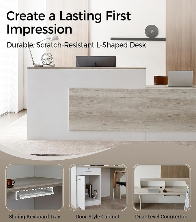 Modern L-Shaped Reception Desk with Counter - 110 Inches Front Desk with Storage Cabinet, Open Shelves, Lockable Drawer & Keyboard Tray for Office, Lobby, Checkout (Oak & Warm White - Right)