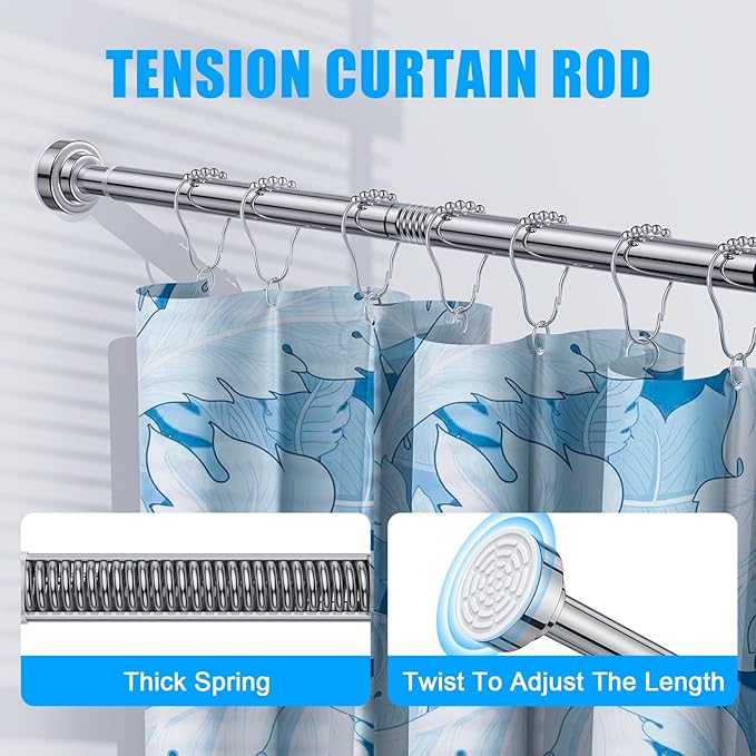 TEECK 2 Pack Shower Curtain Rod, 32-68 inch Adjustable Spring Tension Curtain Rod, Never Rust Anti-Slip Shower Curtain Rod for Bathroom, No Drilling, Never Collapse, Easy to Use, Silver