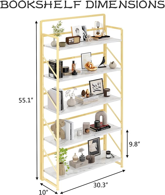 JSB 6 Tier No Assembly Folding Bookshelf, 30.3" Wide Foldable Storage Bookcase for Home Office, Space-Saving Storage Shelf for Living Room (White&Gold)