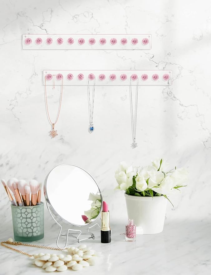Heesch Necklace Holder, Wall Necklace Hanger, Acrylic Jewelry Organizer | Wall Mount Jewelry Hooks for Necklaces, Bracelets & Chains, Hanging Organizer and Storage, 2-Pack Pink
