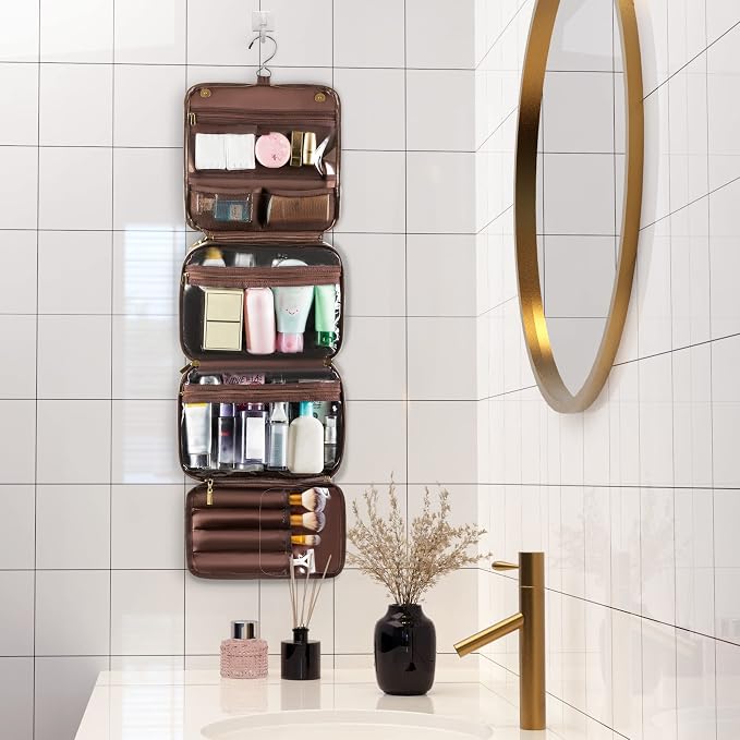 Elviros Hanging Toiletry Bag Removable Travel Bag PU leather Makeup Cosmetic Organizer Kit, Coffee | Removable Travel Organizer Bag for Cosmetics, Toiletries, Makeup Tools, and Daily Essentials with Easy Carry Design