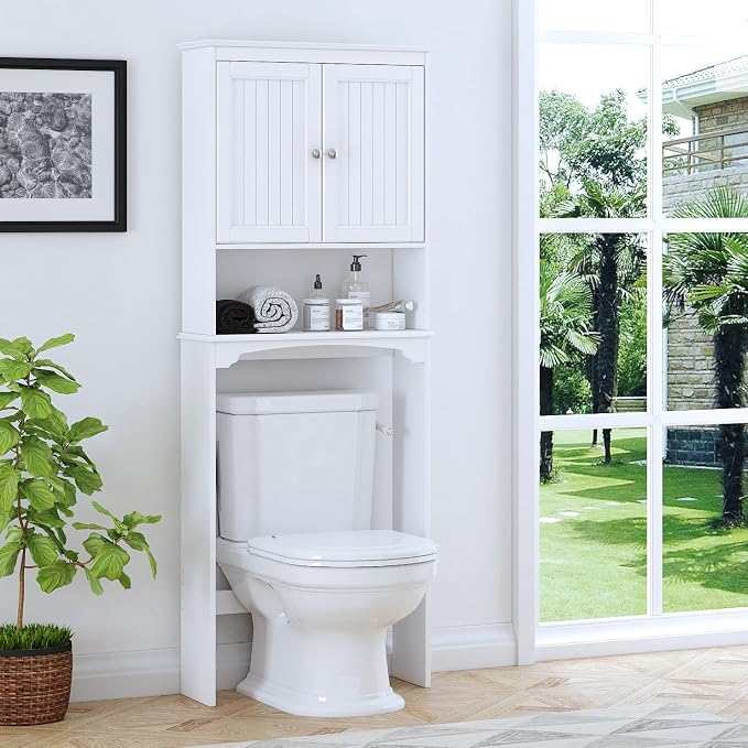 Spirich Over The Toilet Storage Cabinet with Doors, Bathroom Organizer | White, Adjustable Shelf, Anti-Tip Fitting, FSC-Certified MDF, Beadboard Design, 33.3" Toilet Clearance, Adjustable Crossbar