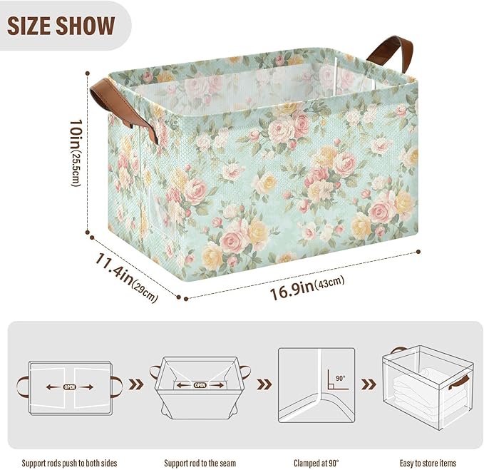 French Country Style Roses and FlowersStorage Bins for Shelves with Labels&Handles Fabric Organizer Bin Foldable Rectangle Storage Basket Boxes for Closet, Bathroom, Home, Living Room, 2 Pack