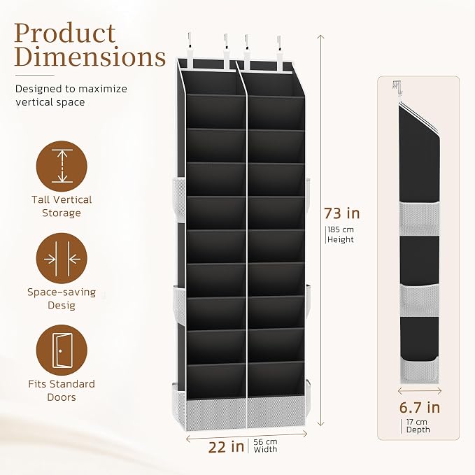 Criusia Over the Door Shoe Organizer, 20-30 Pairs Heavy-Duty Hanging Shoe Storage with Large Pockets, 10-Tier Door Shoe Rack with 4 Hooks for Sneakers Sandals Heels Boots (Black)