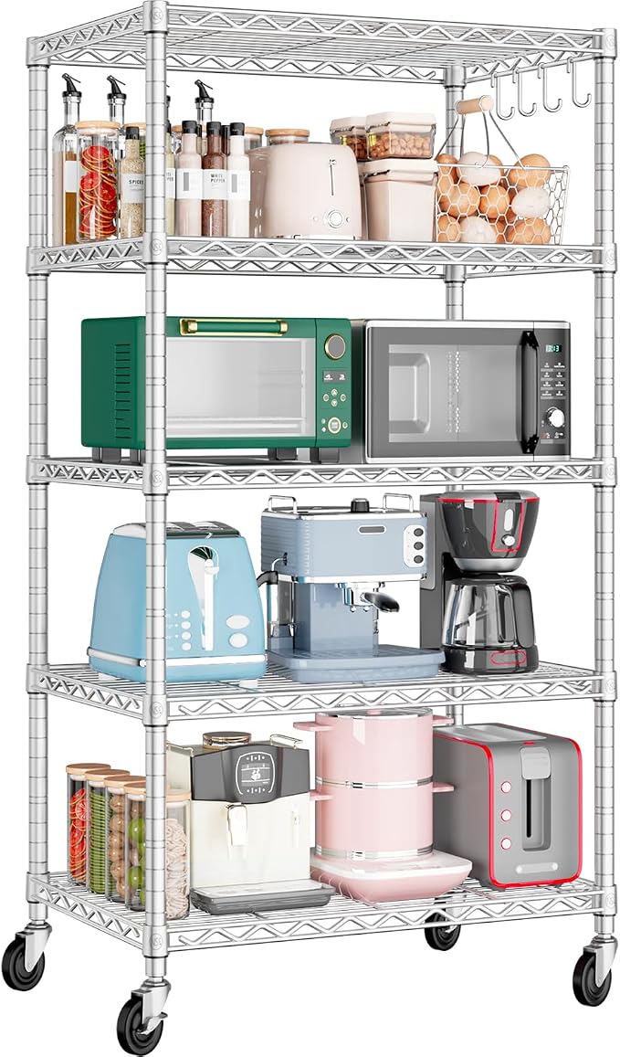 PrimeZone 75" H Wire Shelving 5 Tier Slim Steel Storage Metal Shelves with Wheels,Adjustable Kitchen Utility Shelving Unit,Pantry Rack Rolling Metal Shelf Chrome 24" Wx18 Dx75 H