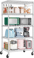 PrimeZone 75" H Wire Shelving 5 Tier Slim Steel Storage Metal Shelves with Wheels,Adjustable Kitchen Utility Shelving Unit,Pantry Rack Rolling Metal Shelf Chrome 24" Wx18 Dx75 H