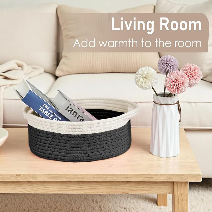 JMvicyroam Woven Basket,Small Rope Storage Bin with Handles & Ribbon Bag, Organizer for Shelves Closets,Gift Basket Empty for Birthday,Books,Dog Toys, White&Black/3 Pack