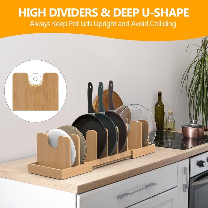 Pots and Pans Organizer Under Cabinet,Bamboo Pot Lid Organizer | Expandable Pan Organizer, Pot and Pan Organizer Rack for Kitchen Countertop or inside Cabinet