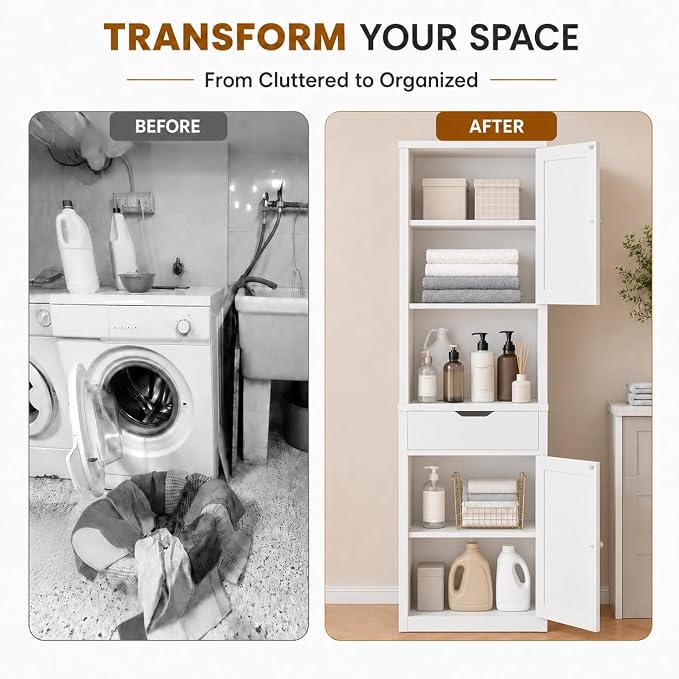 Walsunny Tall Bathroom Storage Cabinet with Freestanding Adjustable Shelves, Narrow Storage Linen Cabinet with 2 Doors and 1 Drawer for Bathroom, Living Room, Kitchen(White)
