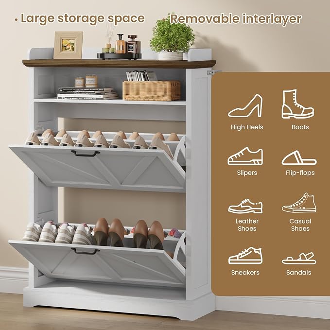 Shoe Cabinet with 2 Flip Drawers, Farmhouse Narrow Shoe Cabinet Organizer with Double-Layer Top, Freestanding entryway organizer with adjustable shelves and hooks, for, Foyer, Hallway, White