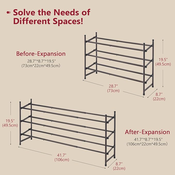Tajsoon Expandable Shoe Rack for Closet 3 Tier, 28“-41“Stackable, Bronze | Adjustable Shoe Organizer Closet Shoe Rack Floor, Metal Long Shoe Shelf Storage for Entryway, Garage, Front Door Entrance
