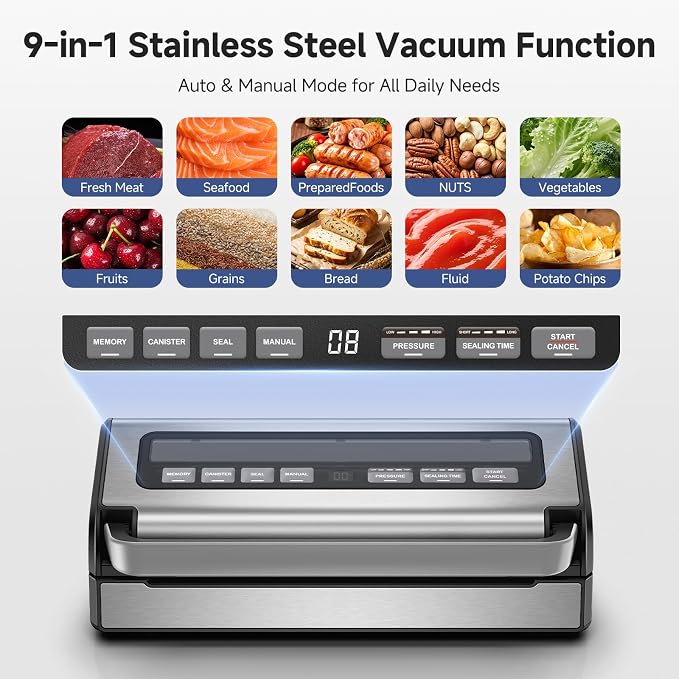 AAOBOSI 95KPa 9-in-1 Wet/Dry Vacuum Sealer, 8X Freshness | Seals Liquids,Meats &Wet/Dry Foods,95KPa Suction,1-Hand Lock,Smart Memory,Removable Drip Tray,Built-in Cutter & Starter Kit
