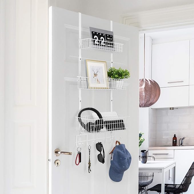 OYEAL 3-Tier Over the Door Hooks Organizer Metal Door Back Baskets | Heavy Duty Hanging Door Storage Organizer with 3 Baskets, 5 Hooks for Kitchen, Bathroom, Office, White