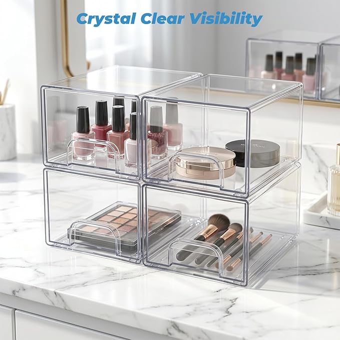 Acrylic Stackable Storage Drawers, [2-Pack] Clear Organizer Bins with Built-in Handles, Smooth Slide-Out Design for Vanity, Under Sink, Medicine Cabinet, Skincare, and More