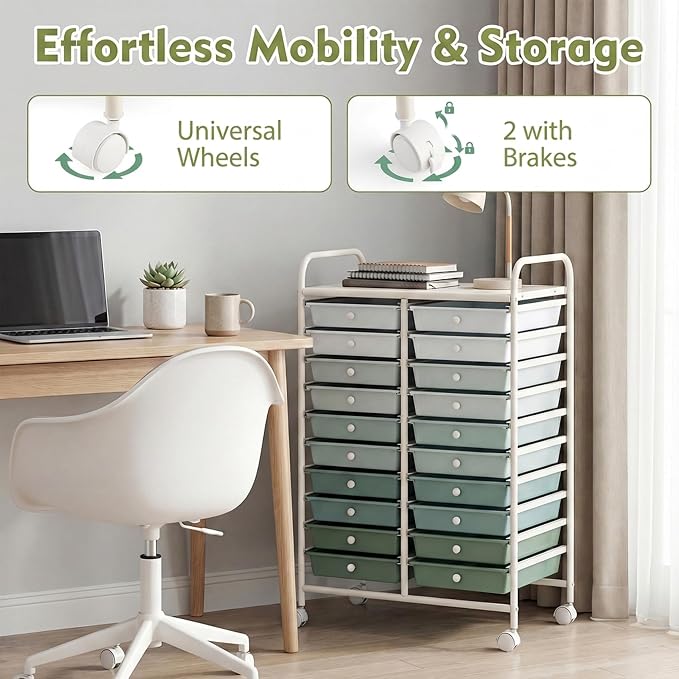 COSTWAY 20-Drawer Rolling Storage Cart, Utility Storage Organizer Cart | For Tools, Scrapbook, Paper, Craft, Multipurpose Storage Trolley on Wheels for Home Office School (Green Gradient)