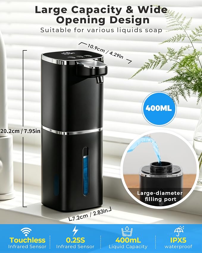 Automatic Foaming Soap Dispenser Touchless, USB Rechargeable | Smart Hand Soap Dispenser, 9-Level Adjustable, 13.5oz/400mL,IPX5 Waterproof, Wall/Tabletop Kitchen Bathroom, Black