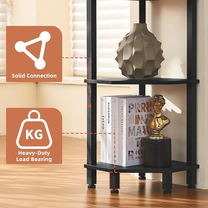 YUFAM 5-Tier Corner Shelf with Sturdy 5-Leg Base, Wooden Corner Bookshelf for Small Spaces, Corner Standing Shelf for Living Room, Bedroom, Office, Black