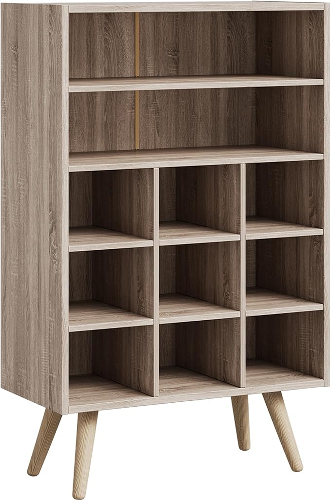 5 Tiers Shoe Cubby, Shoe Storage Cabinet with 9 Cubbies, Wooden Shoe Rack Organizer with 2 Shelves and Legs, 10-15 Pairs, Freestanding Cubby Shoe Rack for Closet, Entryway, Bedroom, Natural
