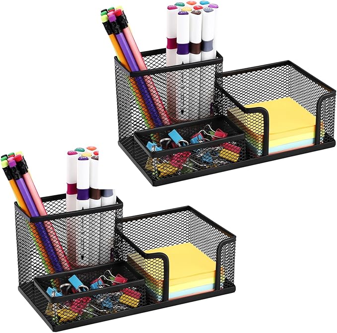 2-Piece Desk Pen & Pencil Organizer - Mesh Metal Pen Cup with Sticky Notes Holder, Black | Pen Cup, Marker Holder, Desk Caddy, Pen Organizer, Workspace