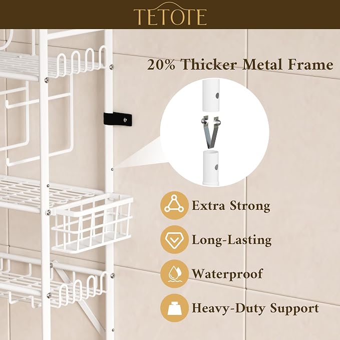 TETOTE Over The Toilet Storage Rack, 3-Tier Bathroom Organizer Shelf Over Toilet with Toilet Paper Roll Holder, Freestanding Metal Rack, White