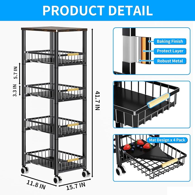 Fruit Vegetable Storage Basket for Kitchen, 5 Tier Large Pull-Out Metal Wire Baskets with 4 Pack Mats Bottom, Wood Top and Wheels, Vegetable Produce Bins Stand Cart Rack for Onions and Potatoes