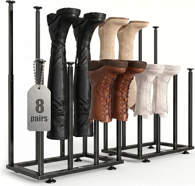 Adjustable Height Boot Rack, Metal Free Standing Shoe Storage Shelf | Cowboy Boots Organizer, Narrow Space-Saving Tall Boot Holder, for Closet Entryway Garage Bedroom, Outdoor, Apartment, 8 Pairs
