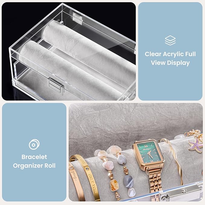 Lolalet Acrylic Bracelet Organizer Box -with Drawer | Clear Jewelry Display Holder for Bracelets, Bangles & Watches, Great Gift for Women on Birthdays, Valentine's Day