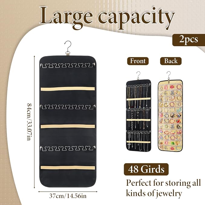 2 Pack Hanging Jewelry Organizer Storage with 48 Pockets and Hooks Dual-Sided Hanging Jewelry Organizers and Storage Hang on Closet, Wall, Door for Earrings, Necklaces, Rings,Blcak