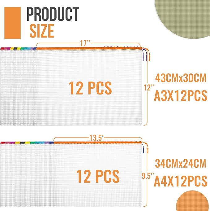 YOPCDJ 24pcs Mesh Zipper Pouch Bags, 12 Colors Extra Large 12PCS A3 and 12pcs A4, Puzzle Bag for Organizing, Classroom Must Have Storage Bag, File Bags for School, Board Games and Office Supplies