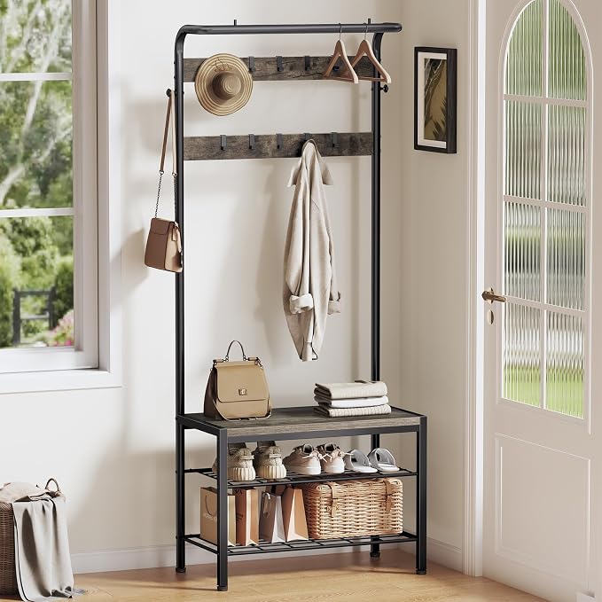 Hall Tree with Bench and Shoe Storage, 4-in-1 Entryway Organizer with 10 Hooks and Storage Shelf,Coat Rack Freestanding with 2-Tier Storage Shelf for Living Room, Bedroom Gray