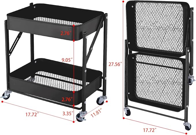 Melody House 2-Tier Metal Folding Rolling Cart, Mobile Utility Cart Trolley Storage Organizer for Office Home Kitchen Organization, Sofa Side End Table with Wheels, Black