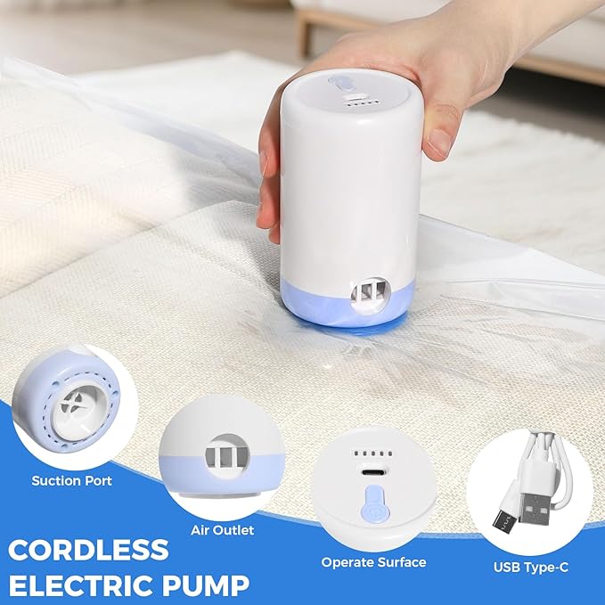 15 Pack Combo Travel Vacuum Bags with Electric Pump, Portable Storage Bags | Vacuum Seal Bags for Clothing Travel, Cordless Fast Charging, Space Saver, Low Noise, Luggage Clothes Bedding Moving Storage