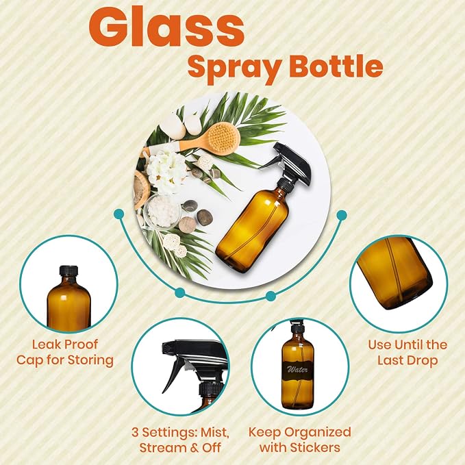 Homeries Amber Glass Spray Bottles For Cleaning Solutions (4 Pack) - 16 Ounce, Refillable Sprayer for Essential Oil, Water, Kitchen, Hair. Durable Black Trigger Sprayer w/Mist and Stream Settings