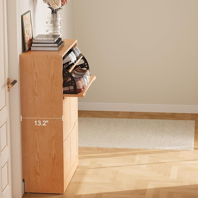 WoodsWhisper Solid Wood Shoe Cabinet for Entryway with 3 Flip Drawers, Narrow Shoe Organizer with Breathable Slatted Doors, Freestanding Hidden Shoe Rack for Hallway (Natural, 32" W)