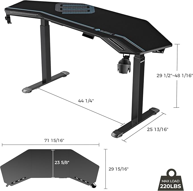 EUREKA ERGONOMIC Gaming Standing Desk w Dual Motor,72" Wing Shaped Music Studio Desk Electric Adjustable Height Table Recording Live Stream, Slot Design,Black