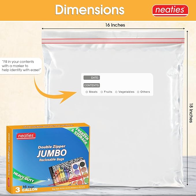 Neaties 3 Gallon Resealable Bags – Heavy Duty Jumbo Freezer Bags with Dual Zipper – 16x28" Extra Large with Writable Space for Kitchen or Home Storage – BPA-Free Food Grade Plastic – 16 Pack